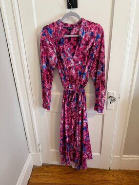 Scoop Pink & Blue Abstract Print Midi Dress – Long Sleeve Tie Waist Size L